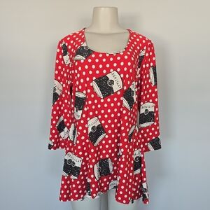 Attitudes by Renee red/white polka dot top with soup cans-L